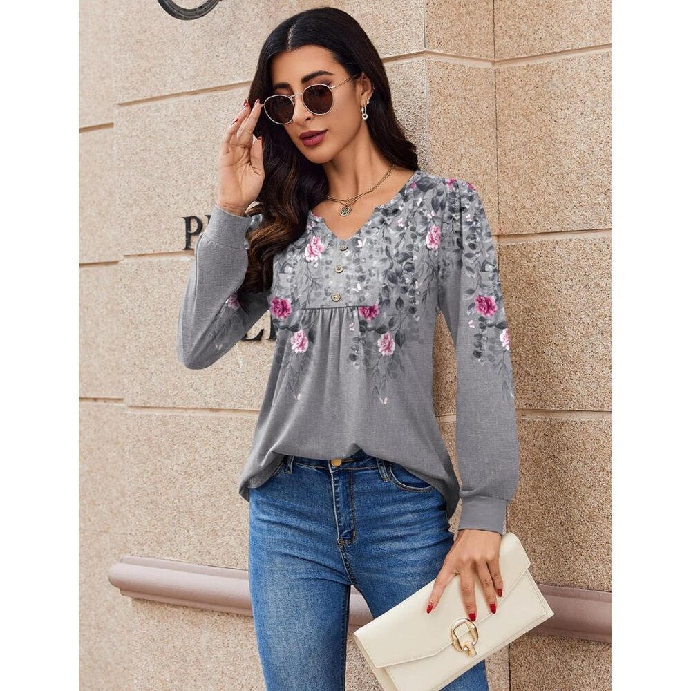 Floral V-Neck Long Sleeve Tee - Gray with Pink Floral - Picture 3 of 6